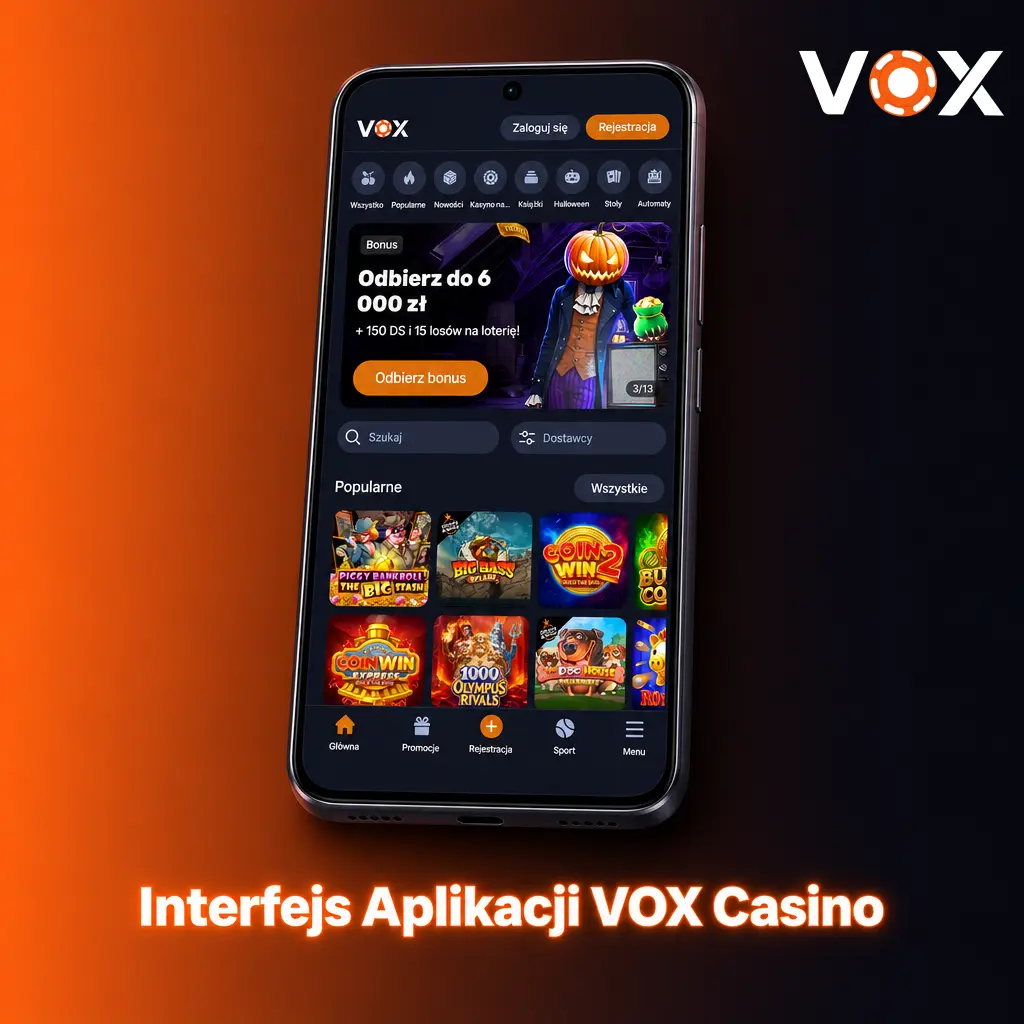 Interfejs aplikacji VOX Casino z ciemnym tłem i pomarańczowymi akcentami na ekranie mobilnym