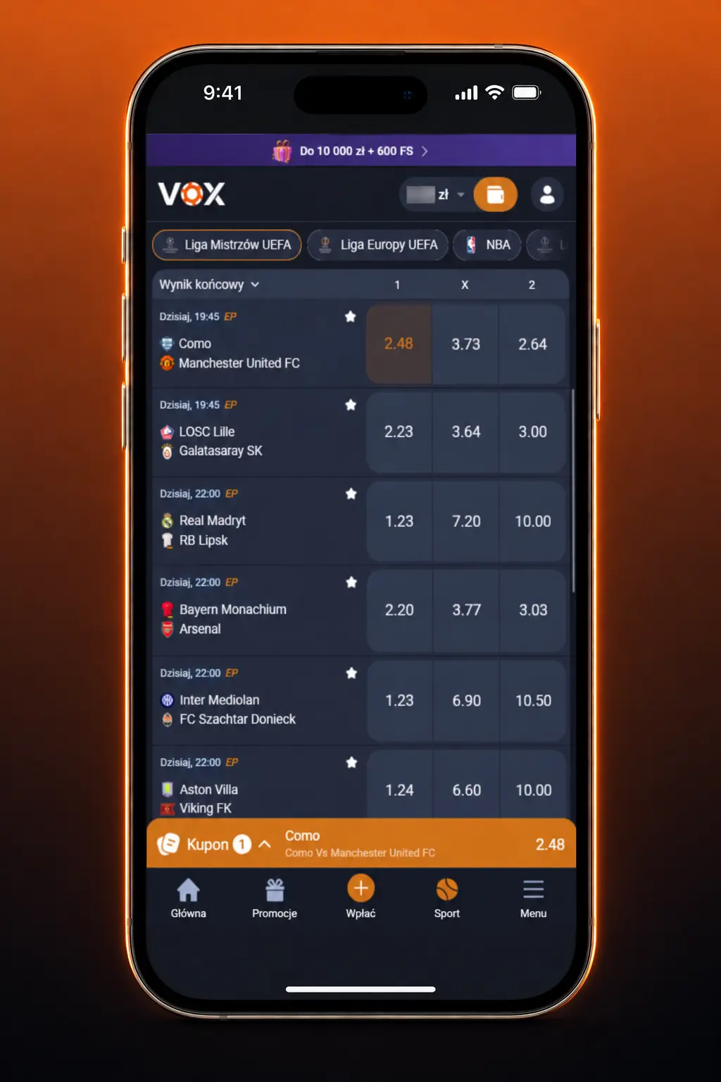Instrukcja obstawiania zakładów w aplikacji VOX Casino - ekran z sekcją Sport