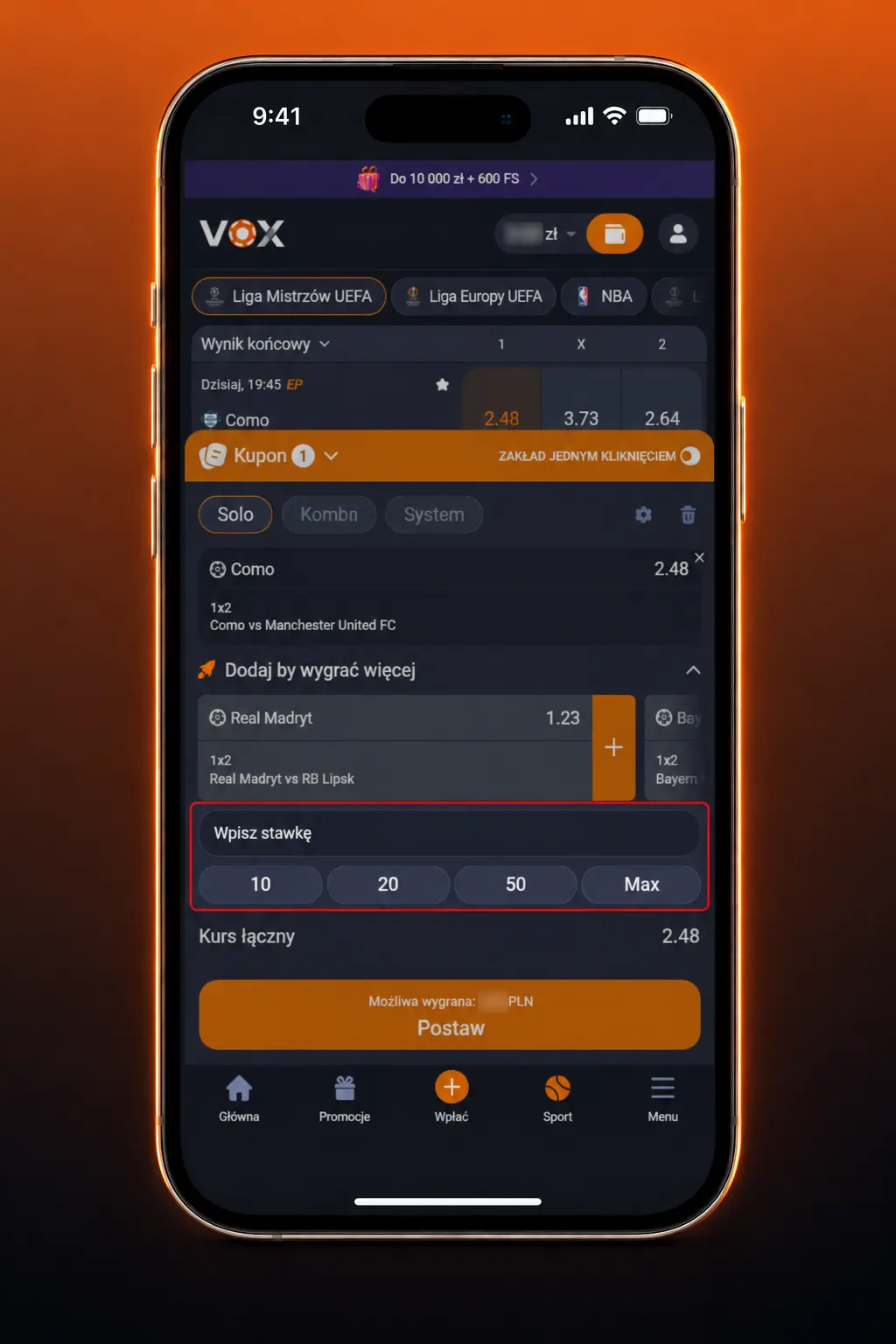 Instrukcja obstawiania zakładów w aplikacji VOX Casino – sekcja Sport, kupon i potwierdzenie