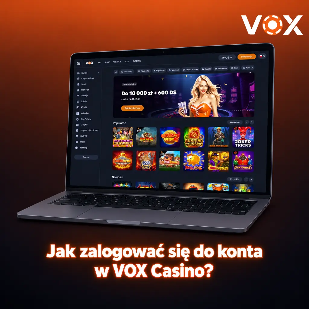 Logowanie do VOX Casino na ekranie z formularzem e-mail, hasłem i opcjami social media