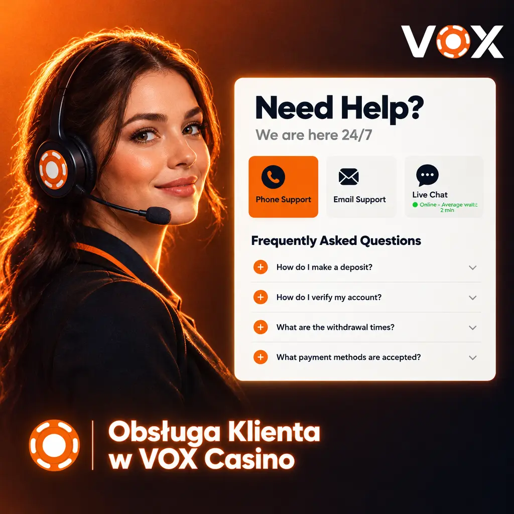 Obsługa klienta VOX Casino dostępna 24/7 przez live chat, e-mail i centrum pomocy w języku polskim