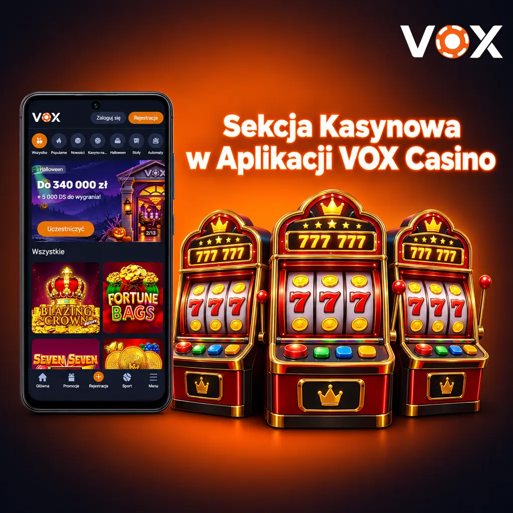 Sekcja kasynowa aplikacji VOX Casino z grami sloty, live, crash i jackpoty na smartfon