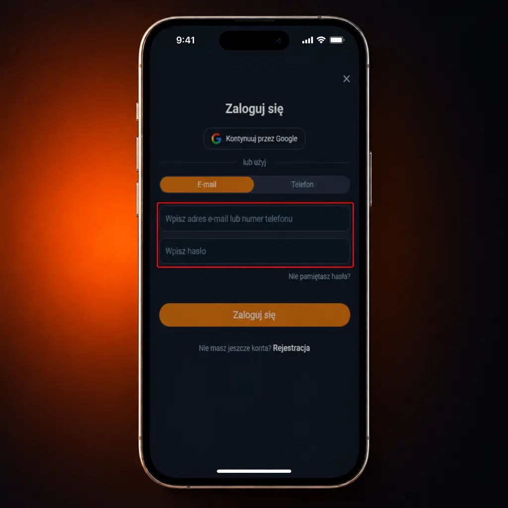 Instrukcja logowania do VOX Casino – ekran logowania z polem e-mail, telefonu i hasła