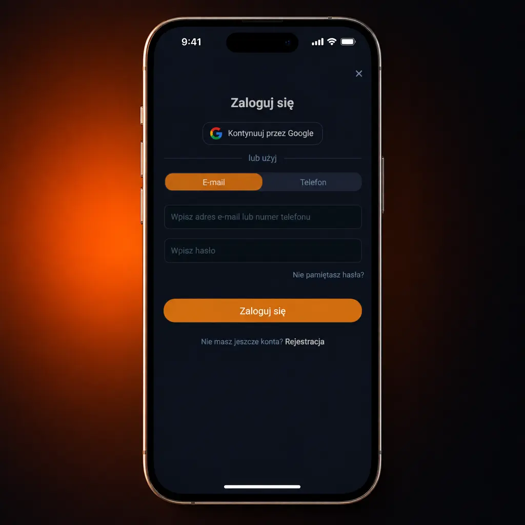 Instrukcja logowania do VOX Casino: ekran logowania z polem e-mail, telefonu i hasła