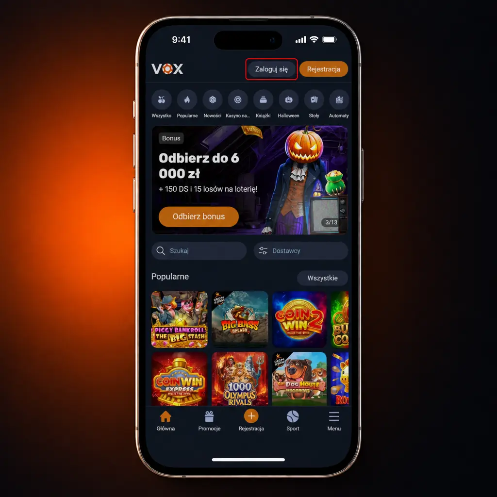 Instrukcja logowania do VOX Casino: ekran logowania z polem e-mail, telefonu i hasła