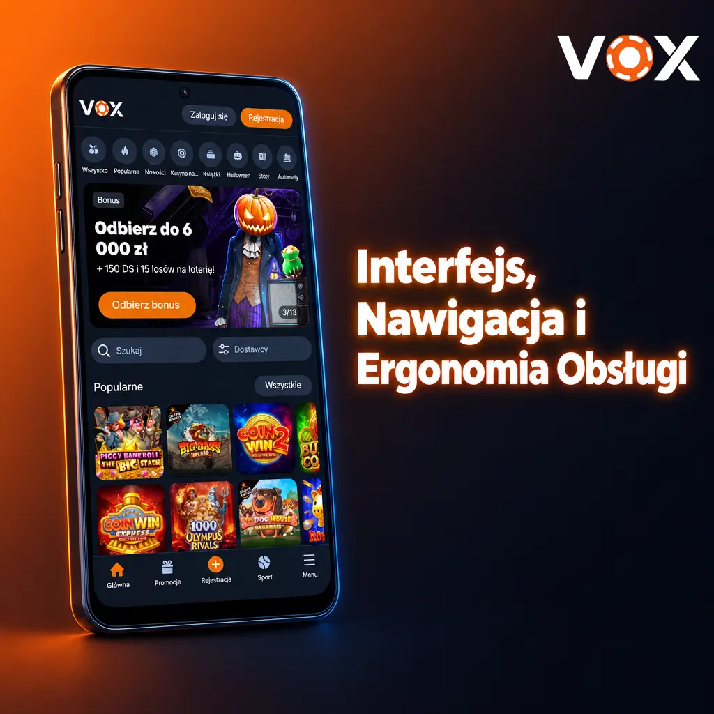 Interfejs aplikacji VOX Casino z menu nawigacyjnym Sport, Kasyno, Live Kasyno, Promocje i Konto