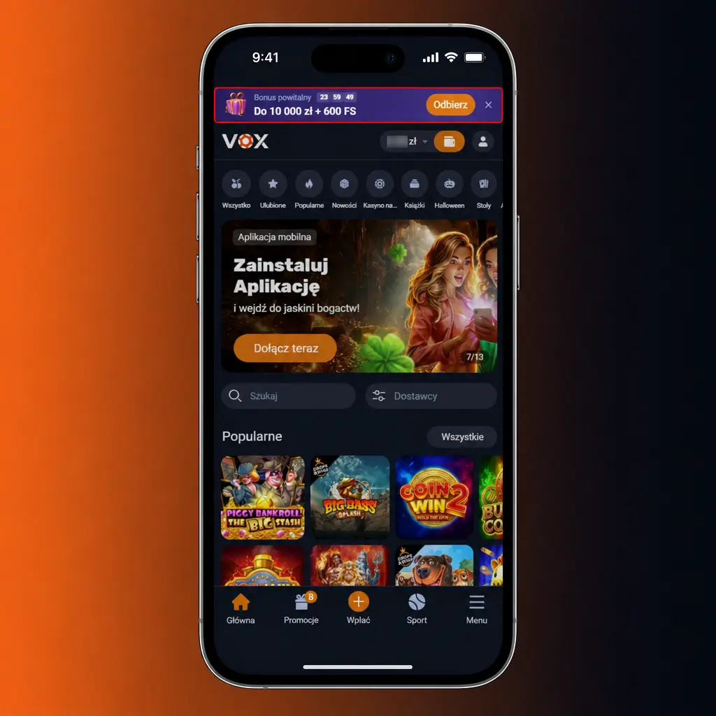 Kroki odbioru bonusu powitalnego VOX Casino – pakiet do 10 000 PLN i 600 free spinów
