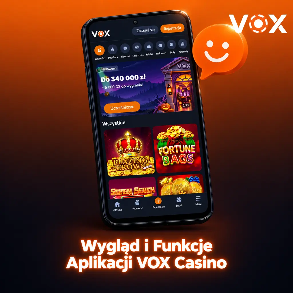 Aplikacja VOX Casino – ciemny interfejs z pomarańczowymi akcentami, zakłady sportowe i gry kasynowe na mobile